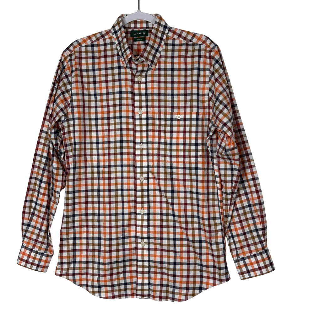 Orvis Men M Shirt Long Sleeve Trim/Slim Fit Cotton Plaid/Tattersall Check Orange
